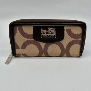 Coach Madison Op Art Signature C Accordion Zip Wallet Brown Leather Beige Canvas